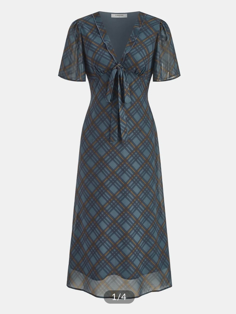 Commense Blue and Brown Plaid Tie-Front Midi Dress